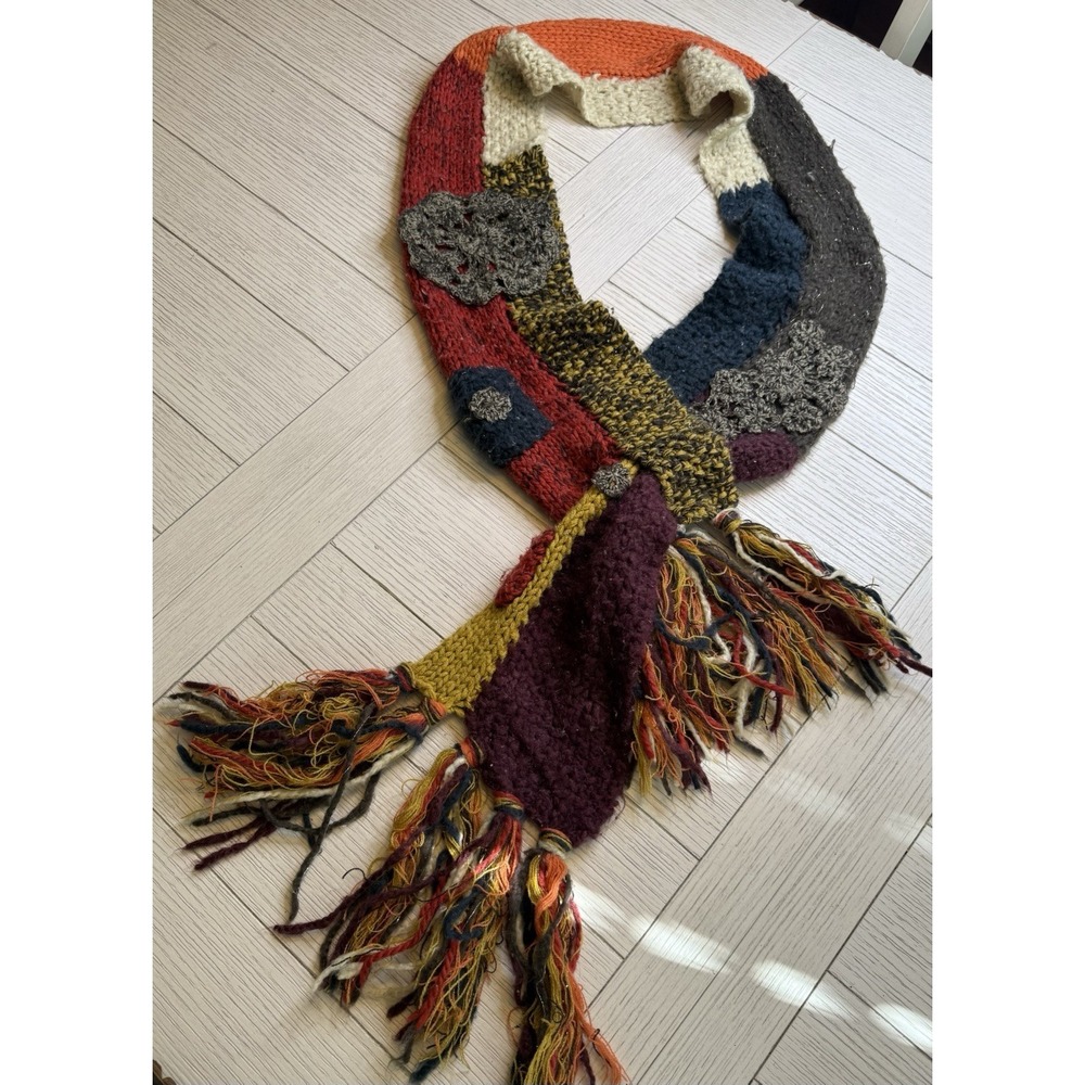 Lucky Brand Patchwork Acrylic Retro Knit Scarf Floral Tassel Trim Boho Hippy 66" - Picture 2 of 10